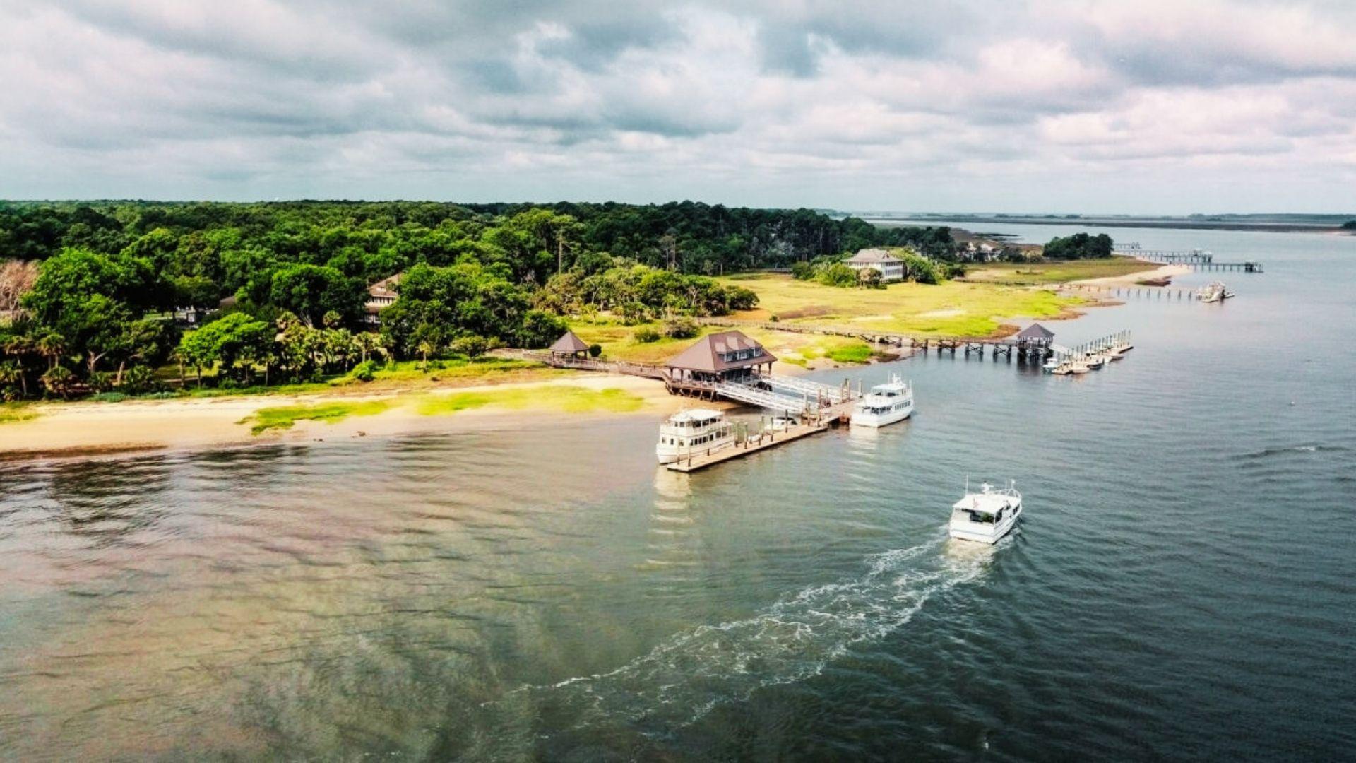 Aerial view showing ferries on the coast of Daufuskie Island.