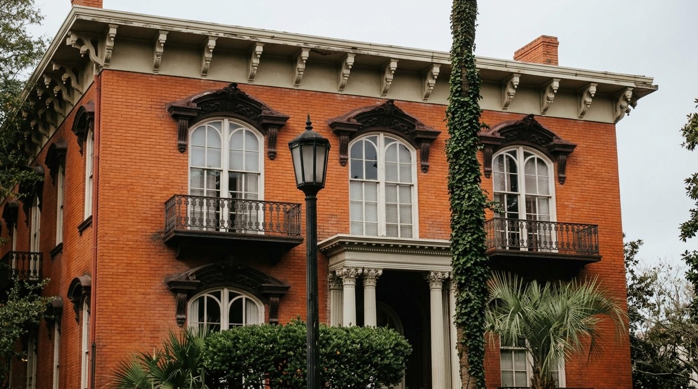 Mercer Williams House in Savannah, red brick with arched windows and iron balconies under gray sky.