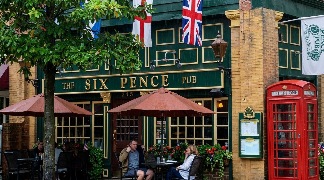 Six Pence Pub in Savannah, green storefront with flags, red phone booth, and outdoor umbrella seating.