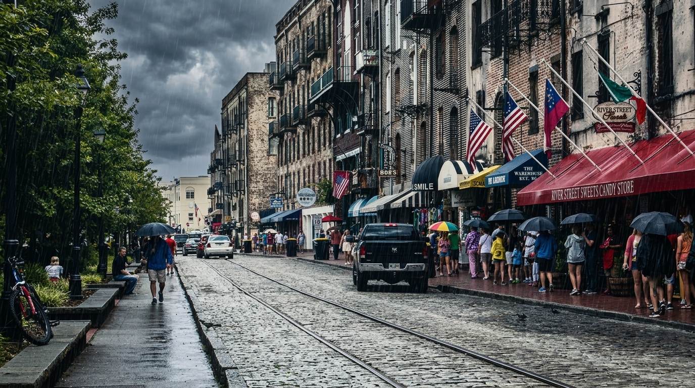 River Street in Savannah with people holding umbrellas, cobblestones, shops, and flags waving.