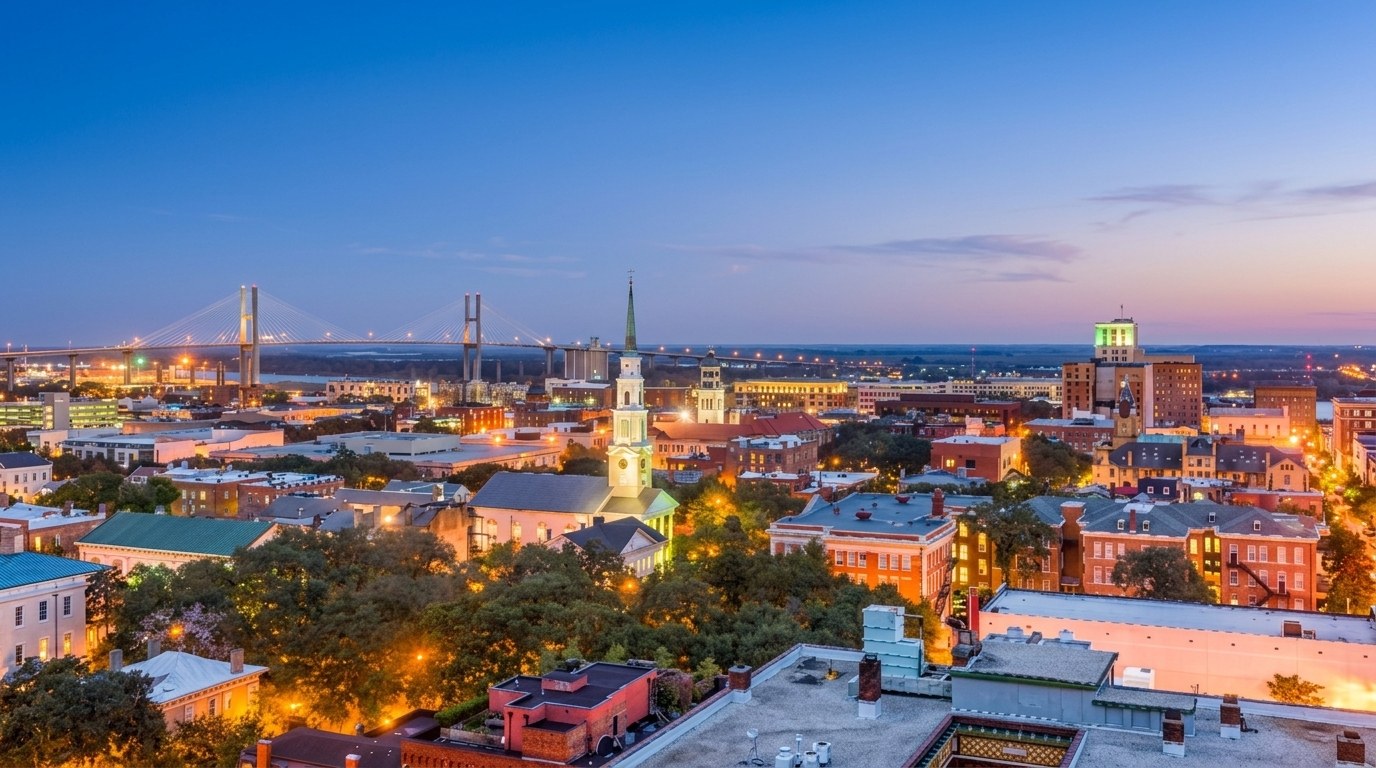 Aerial view of Savannah skyline at dusk, church steeple, bridge, and city lights glowing.