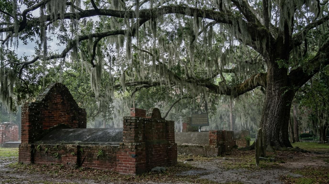 Old brick tombs in Savannah cemetery under a large oak tree draped with hanging moss.