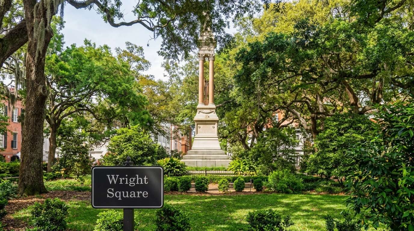 Wright Square sign in Savannah, stone monument with columns surrounded by green shrubs and oak trees.