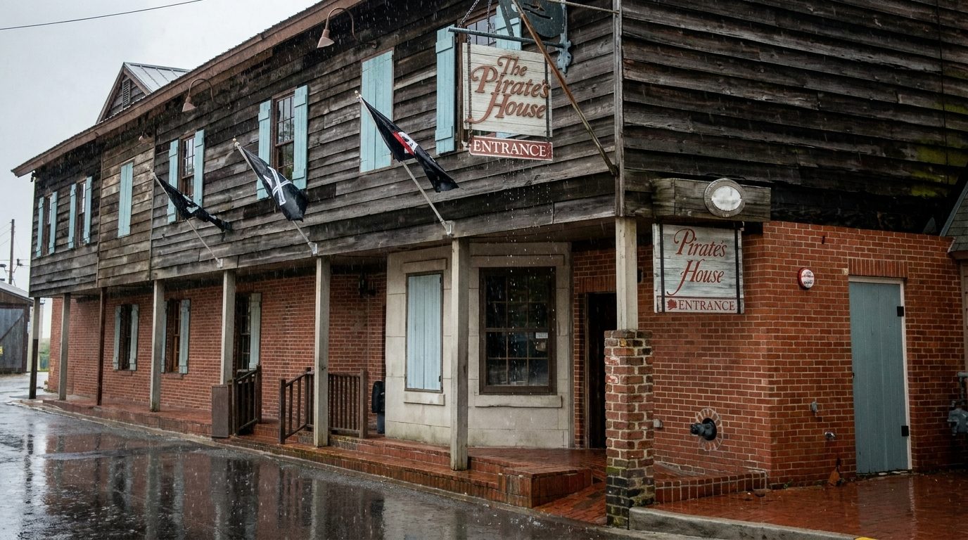 The Pirates’ House restaurant in Savannah, old wood building with black flags waving in the rain.