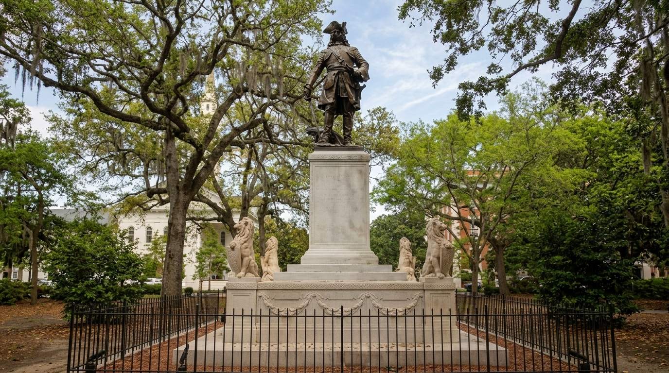 Oglethorpe statue at Chippewa Square in Savannah, stone lions and monument framed by oak trees.