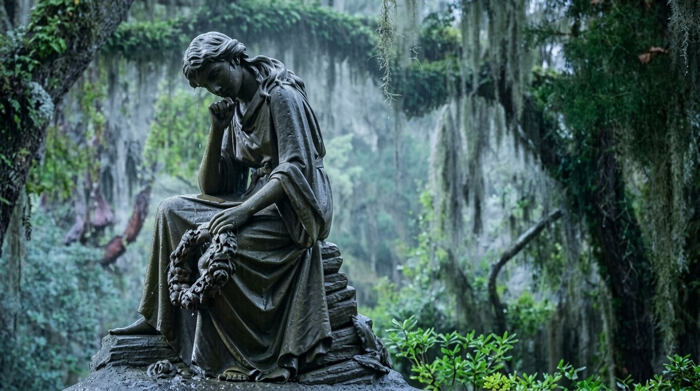 Stone statue of a mourning woman at Bonaventure Cemetery, surrounded by trees and hanging moss.
