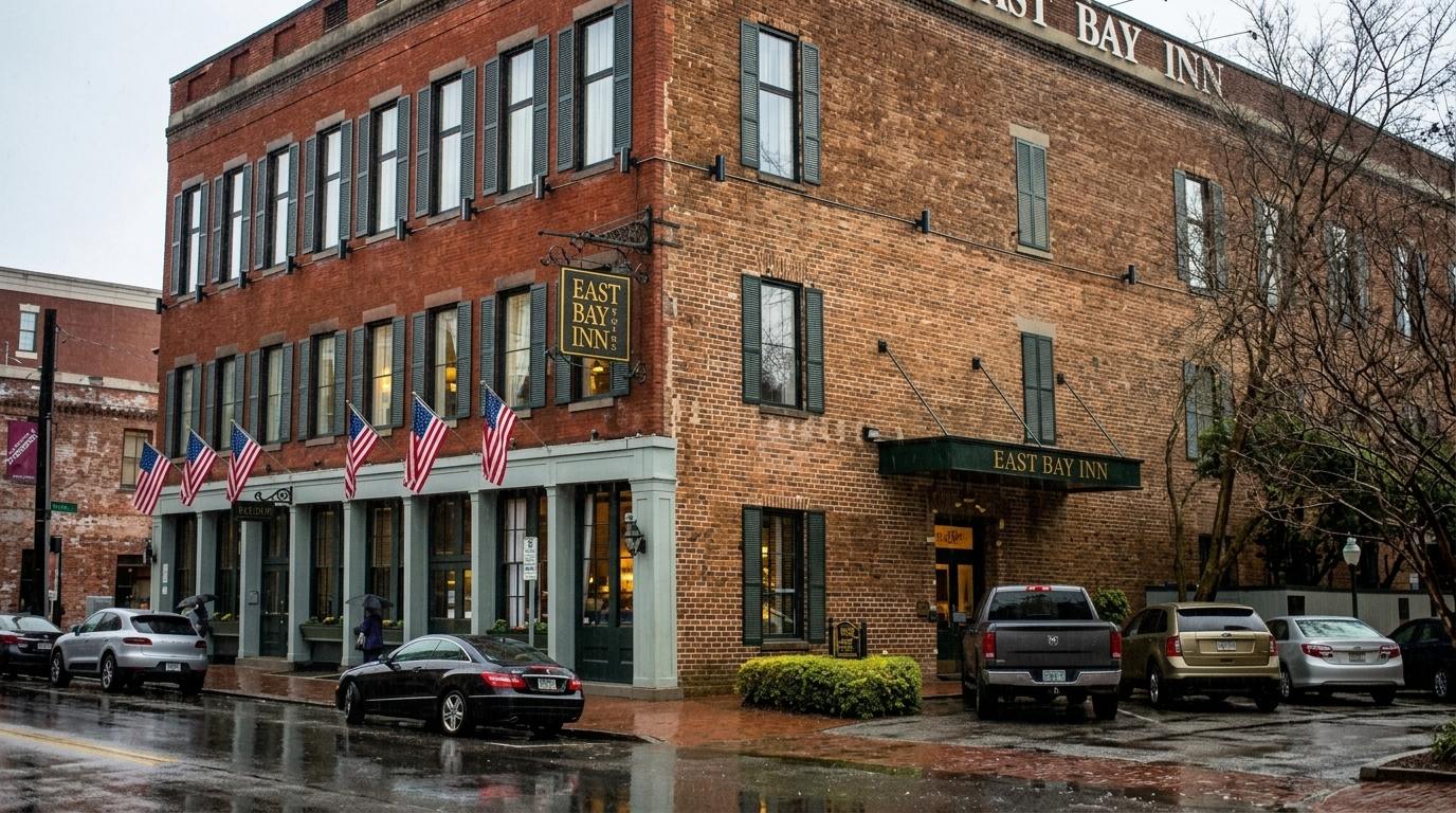 East Bay Inn in Savannah, red brick building with flags waving on a rainy street corner.