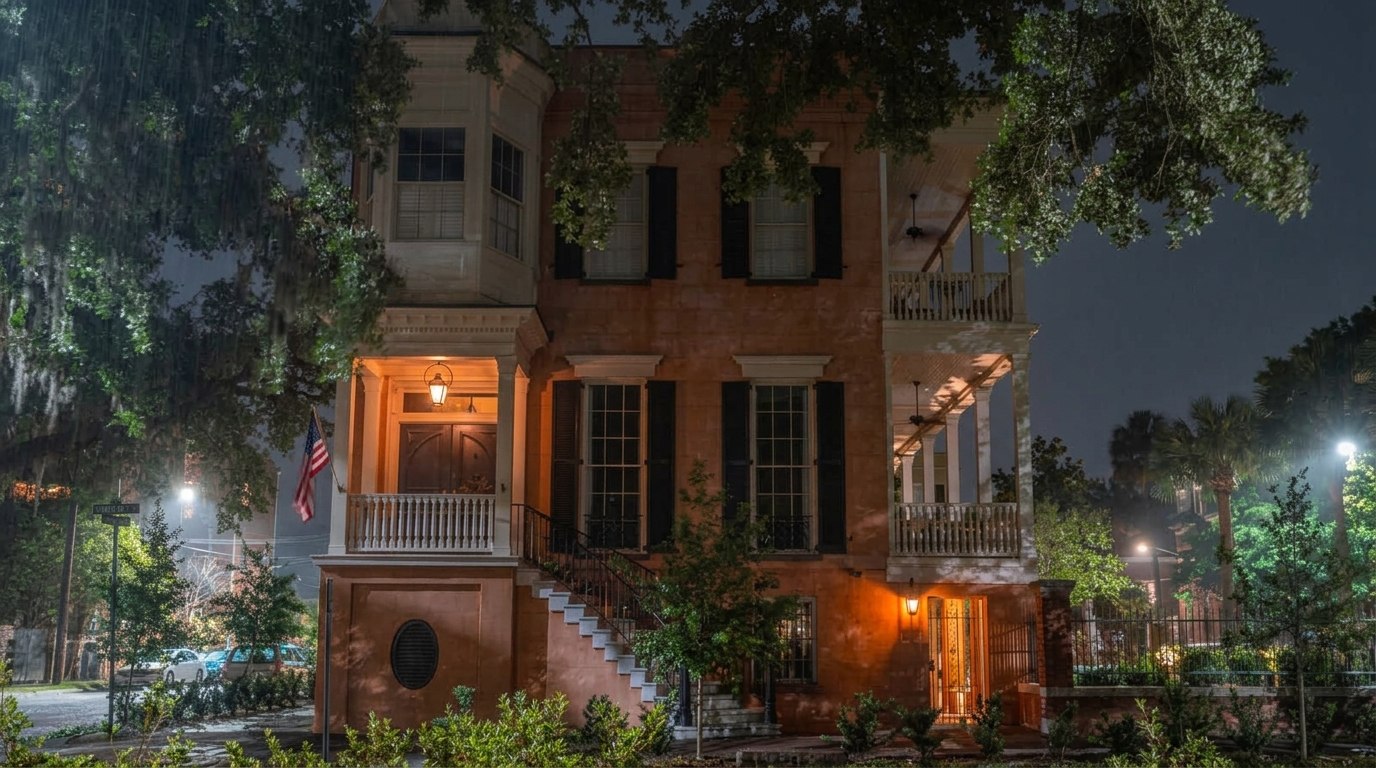 Historic Savannah ghost house lit up at night with porch lights, rain falling, and oak trees above.