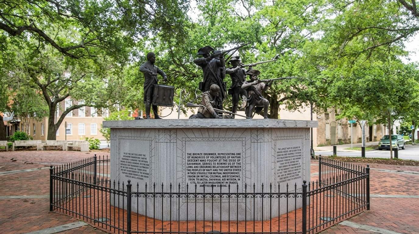 Haitian Monument at Franklin Square in Savannah, bronze soldier statues on a stone base with railing.