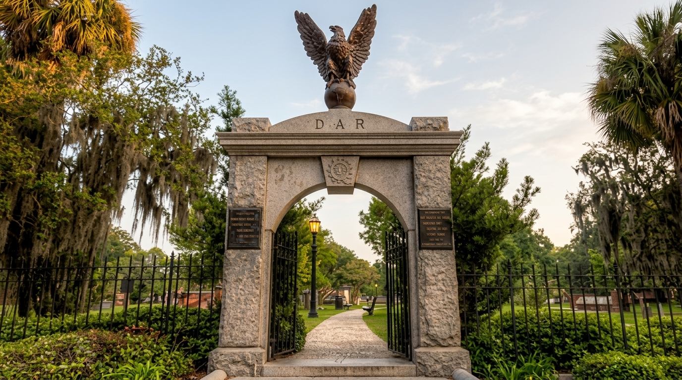 DAR gate entrance to Colonial Park Cemetery in Savannah, stone arch topped with an eagle statue.