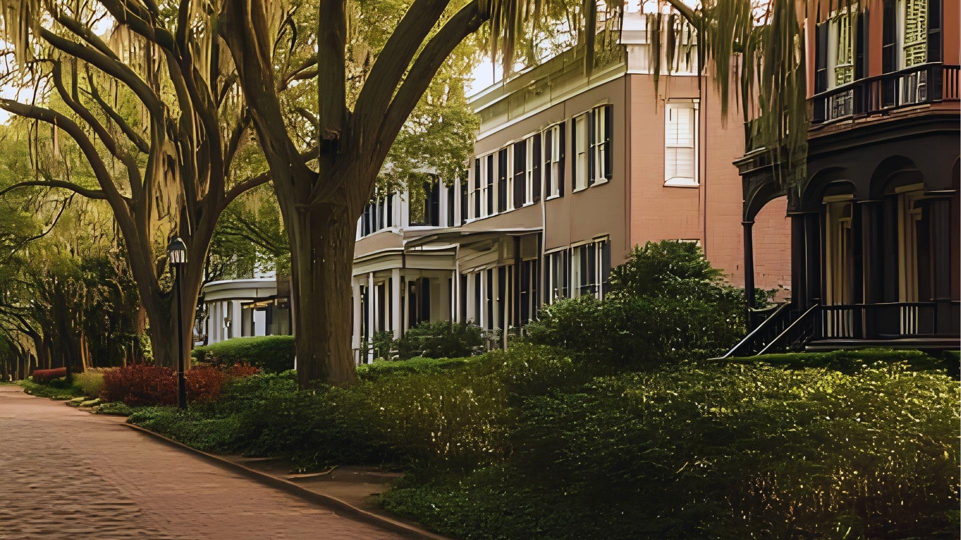 Charming brick historic homes along tree-lined streets with Spanish moss draped over large oak branches.