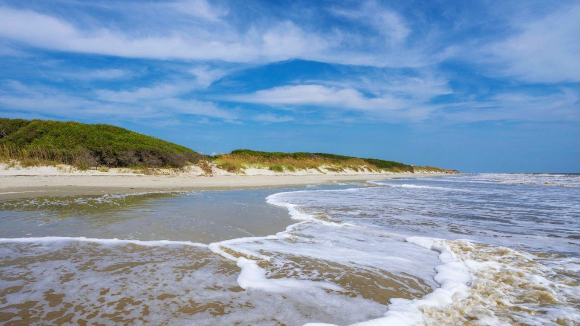 Ocean waves washing onto sandy beach with green vegetated dunes under bright blue cloudy sky.