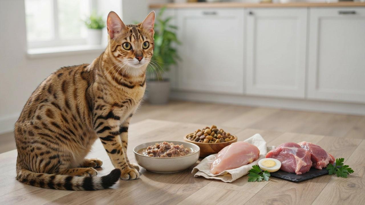 Savannah cat beside high-protein cat food, and nutritious animal-based ingredients.