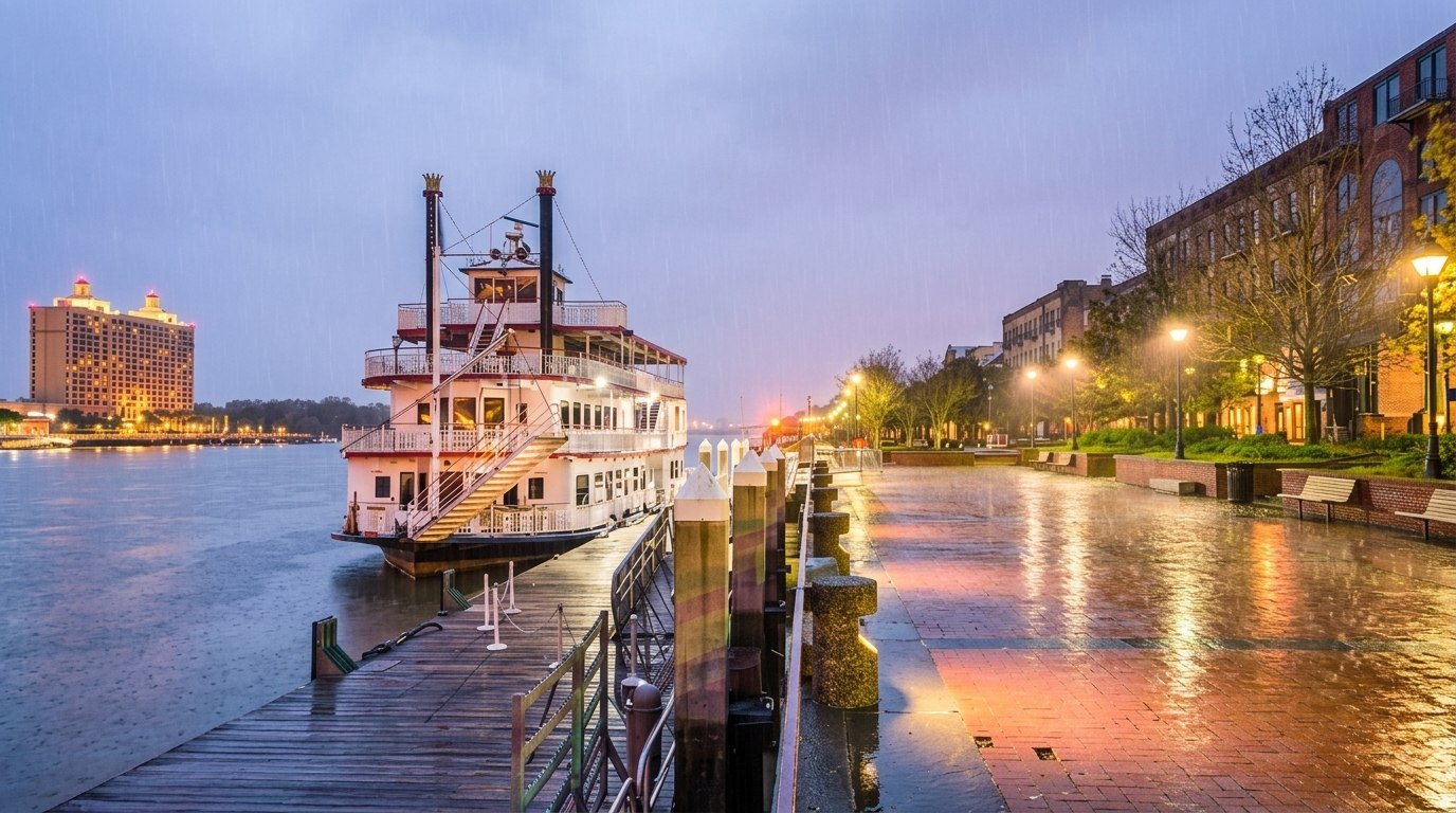 Riverboat docked at Savannah waterfront at night, rain falling, city lights glowing on wet pavement.