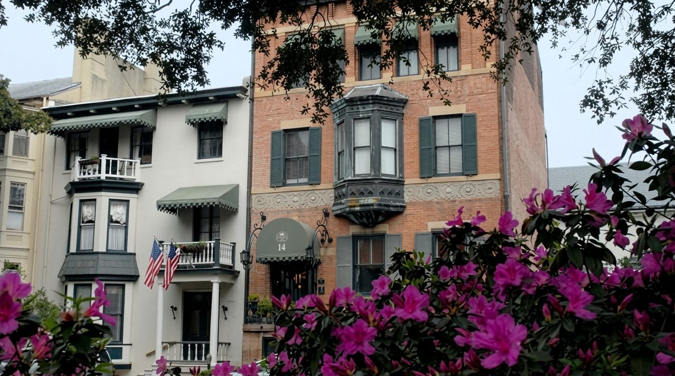 Foley House Inn in Savannah, brick building with bay windows framed by pink azalea blooms.