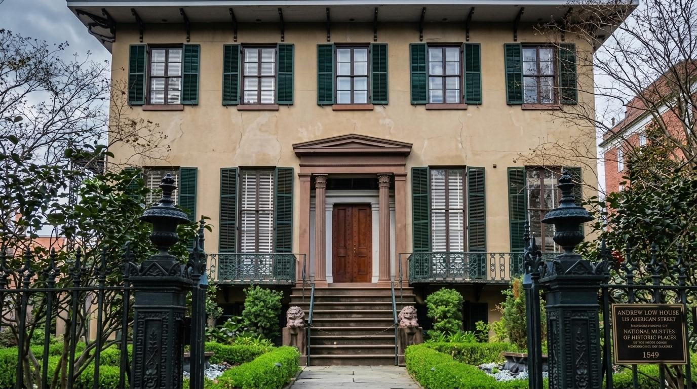 Andrew Low House in Savannah, tan facade with green shutters, iron gates, and garden path.
