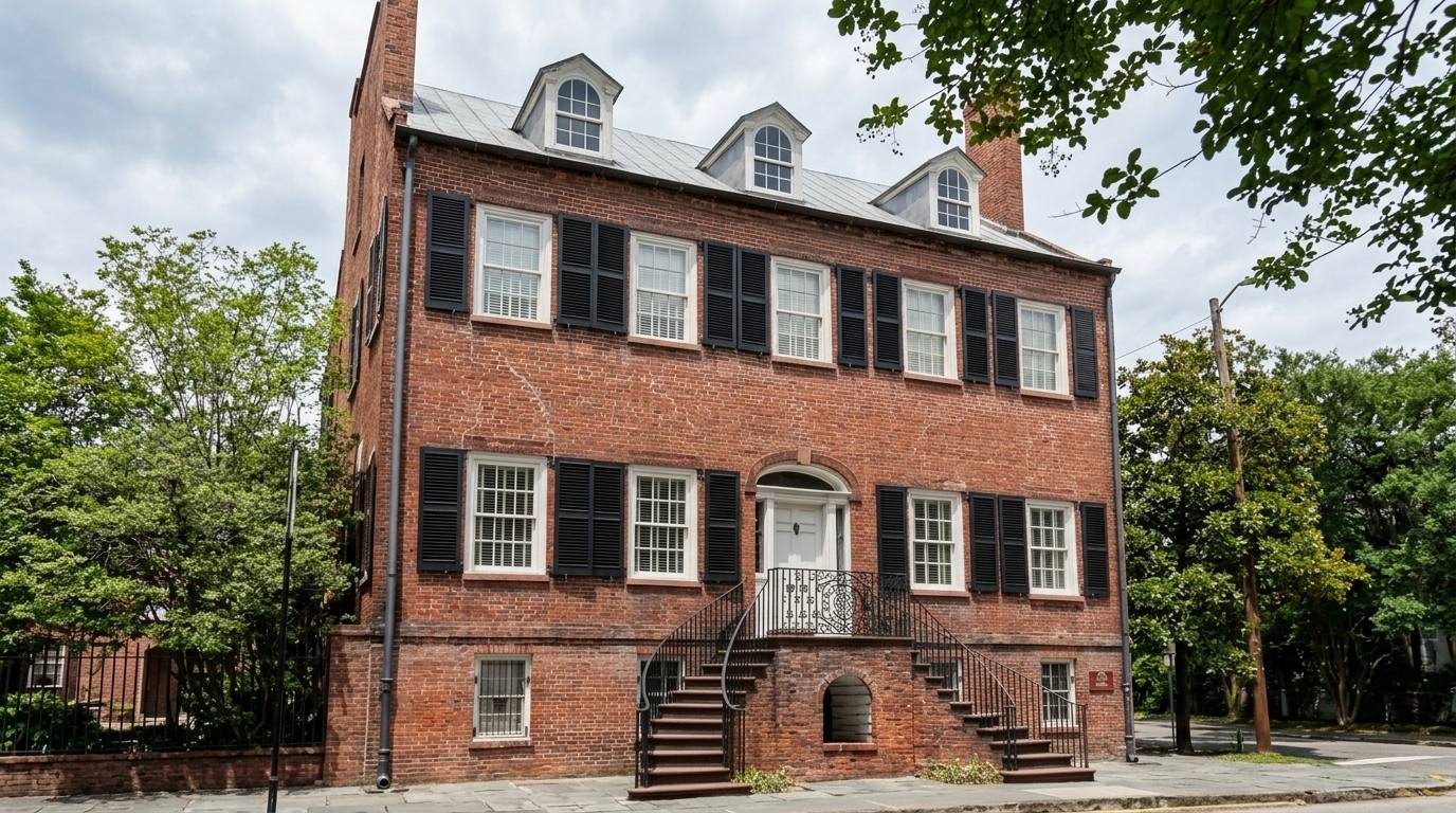 Davenport House Museum in Savannah, red brick with black shutters and curved iron entry stairs.