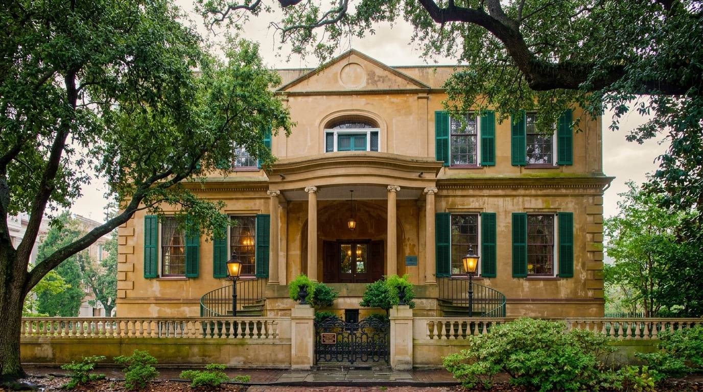 Owens Thomas House & Slave Quarters in Savannah, tan facade, green shutters, columned porch, oak trees around it.